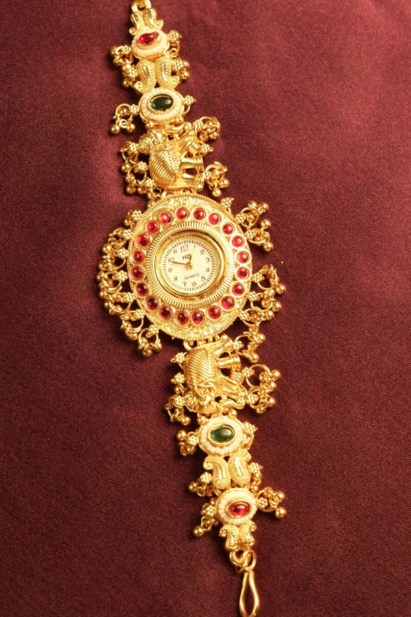Antique Kashmiri Watch | Red Kundan Stone Border | Adjustable Bridal Jewelry