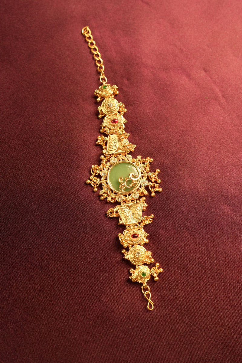 Kashmiri Green Stone Bracelet | Antique Gold Kundan Jewelry | Bridal Wear