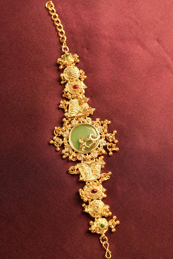 Kashmiri Green Stone Bracelet | Antique Gold Kundan Jewelry | Bridal Wear