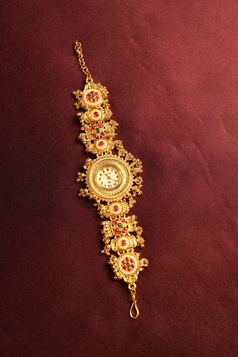 Traditional Kundan Gold Watch | Antique Bracelet Style Women's Watch | Bridal Jewelry Wear