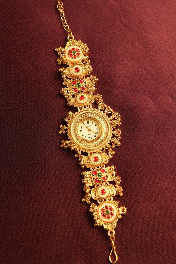 Traditional Kundan Gold Watch | Antique Bracelet Style Women's Watch | Bridal Jewelry Wear