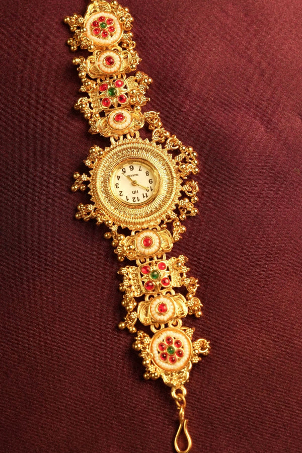 Traditional Kundan Gold Watch | Antique Bracelet Style Women's Watch | Bridal Jewelry Wear