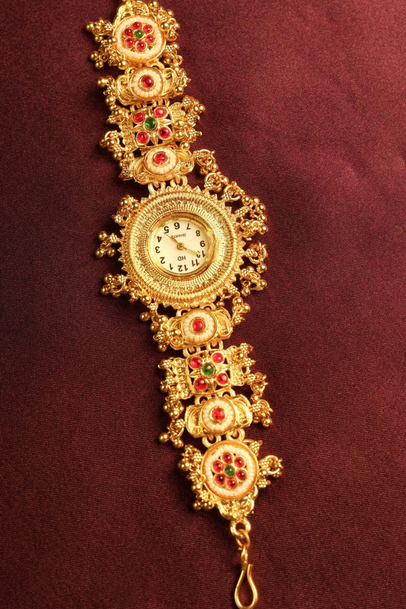Traditional Kundan Gold Watch | Antique Bracelet Style Women's Watch | Bridal Jewelry Wear