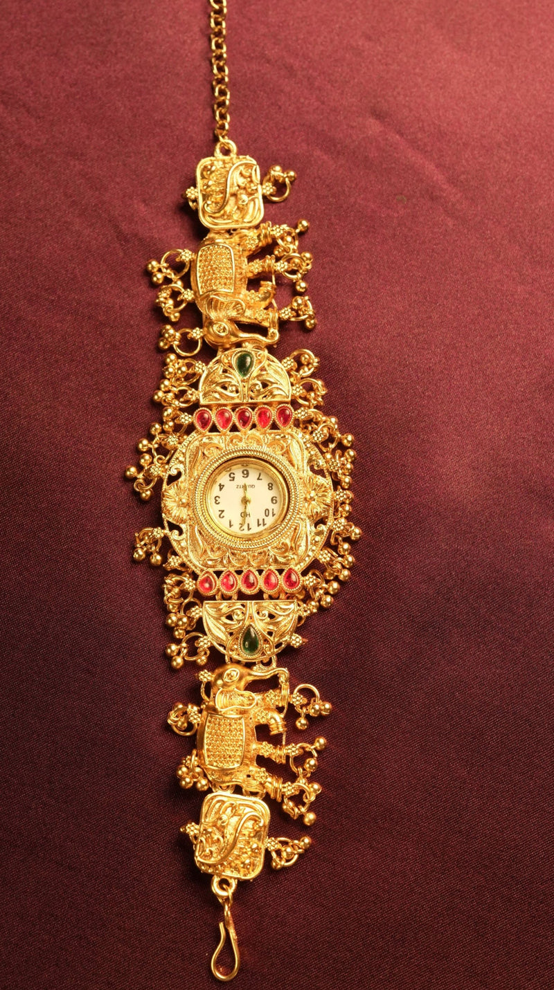 Kashmiri Elephant Charm Watch | Antique Gold Plated Kundan Bracelet | Traditional Wedding Jewellery