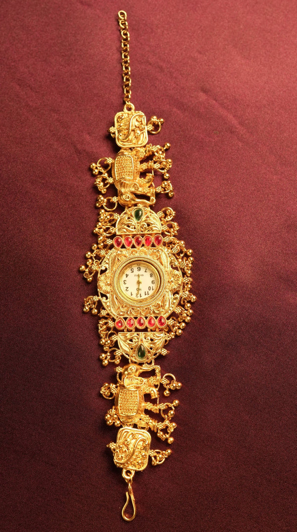Kashmiri Elephant Charm Watch | Antique Gold Plated Kundan Bracelet | Traditional Wedding Jewellery