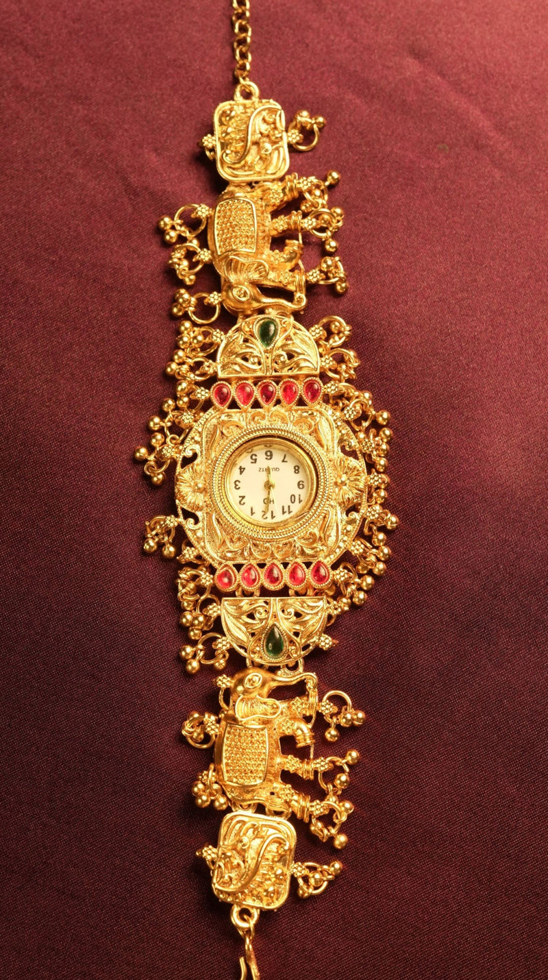 Kashmiri Elephant Charm Watch | Antique Gold Plated Kundan Bracelet | Traditional Wedding Jewellery