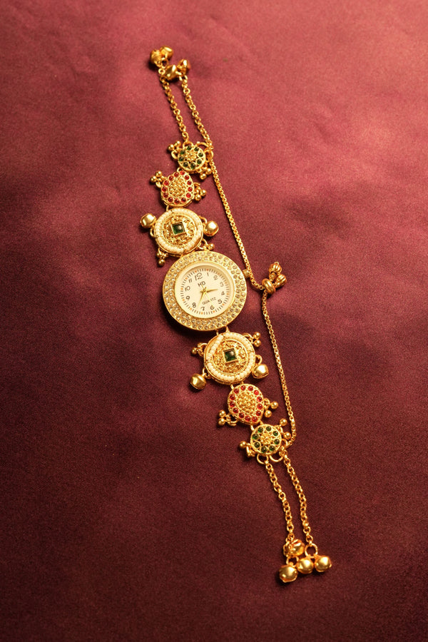 Kashmiri Pearl Kundan Bracelet Watch | Antique Gold Chain with Ghungroo Charms | Ethnic Jewellery