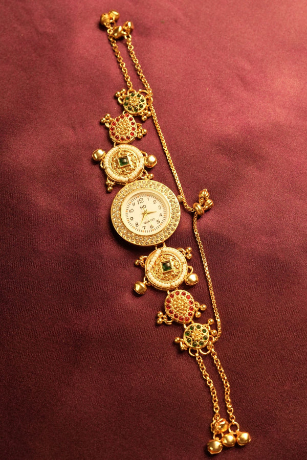 Kashmiri Pearl Kundan Bracelet Watch | Antique Gold Chain with Ghungroo Charms | Ethnic Jewellery