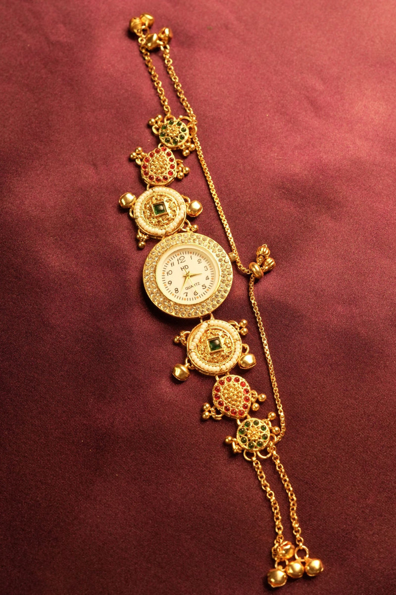 Kashmiri Pearl Kundan Bracelet Watch | Antique Gold Chain with Ghungroo Charms | Ethnic Jewellery