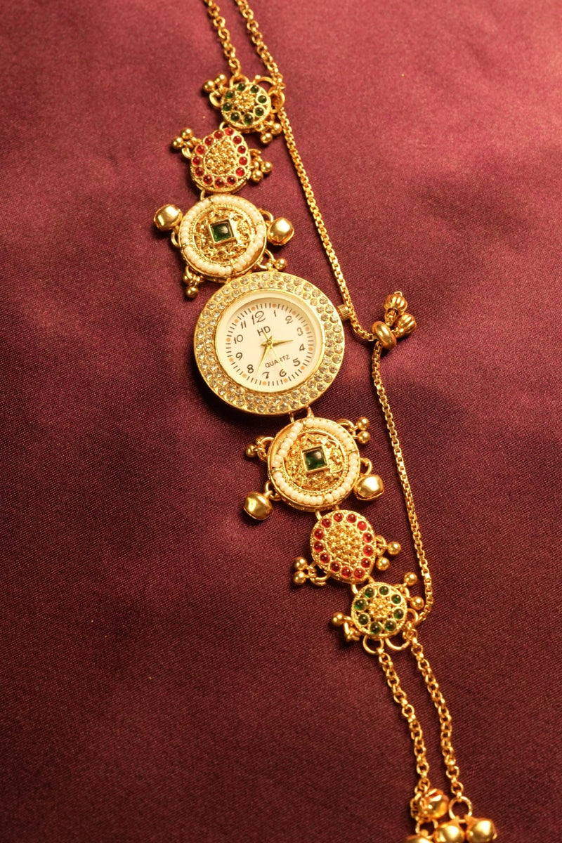 Kashmiri Pearl Kundan Bracelet Watch | Antique Gold Chain with Ghungroo Charms | Ethnic Jewellery