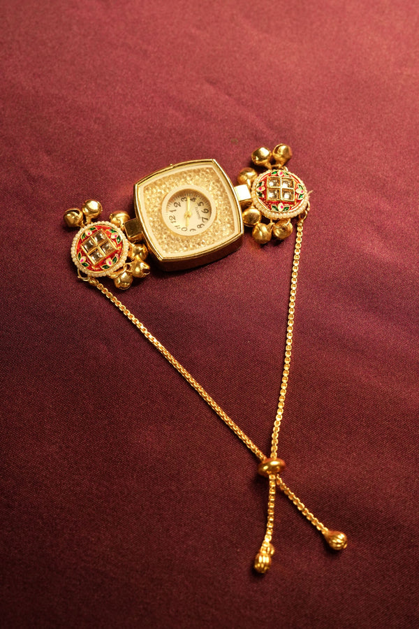 Kashmiri Meenakari Bracelet Watch | Crystal Studded Square Dial with Pearl Ghungroo Charms | Ethnic Wear