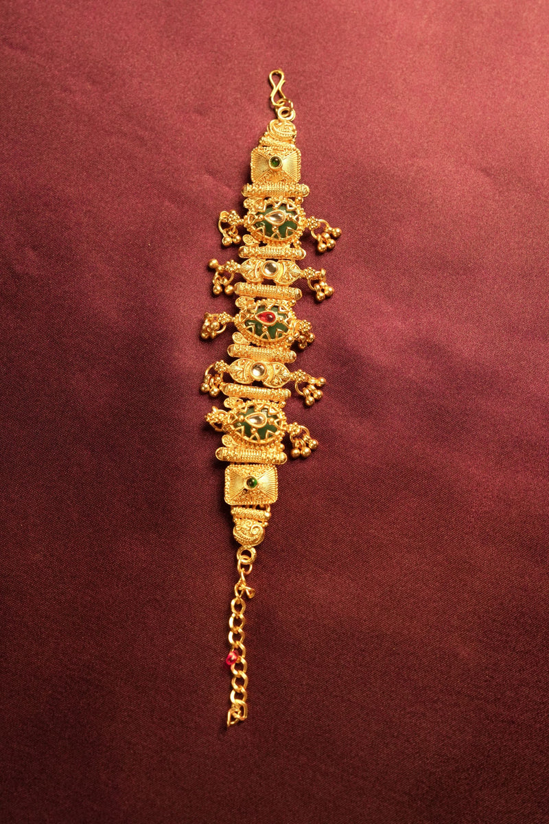 Kashmiri Style Kundan Bracelet | Antique Gold Filigree with Jhumka Dangles | Traditional Wedding Wear