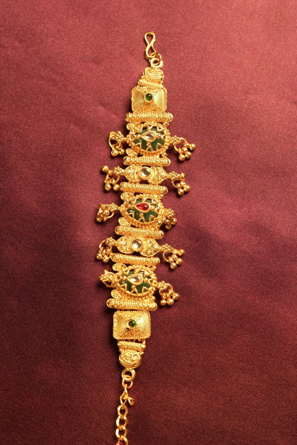 Kashmiri Style Kundan Bracelet | Antique Gold Filigree with Jhumka Dangles | Traditional Wedding Wear