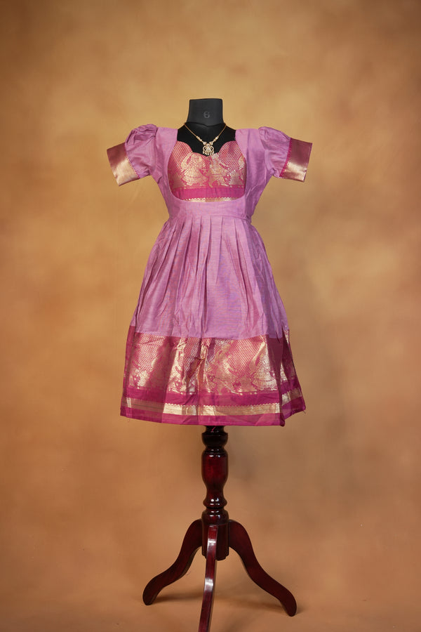 Mauve Pink Girls Frock | Sweetheart Neck Zari Work | Traditional Cotton Silk Wear
