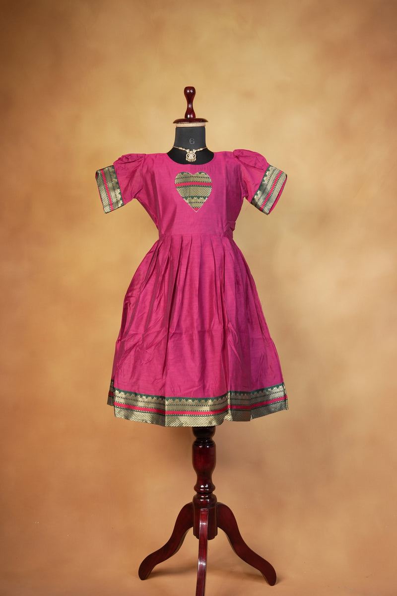 Rani Pink Girls Frock | Green Gold Zari Heart Patch | Traditional Cotton Silk Wear