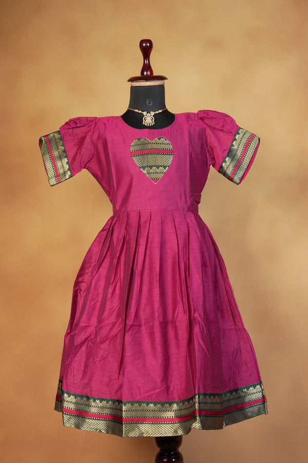 Rani Pink Girls Frock | Green Gold Zari Heart Patch | Traditional Cotton Silk Wear