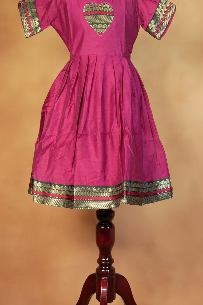 Rani Pink Girls Frock | Green Gold Zari Heart Patch | Traditional Cotton Silk Wear