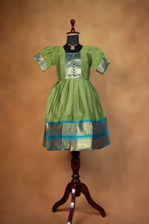 Olive Green Girls Cotton Silk Frock | Teal Gold Zari Border | Festive Party Wear