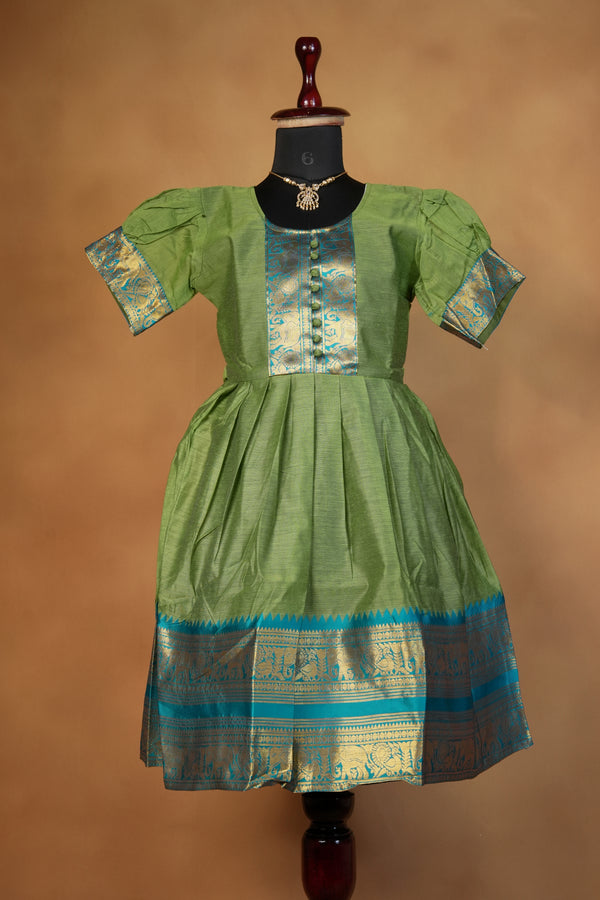 Olive Green Girls Cotton Silk Frock | Teal Gold Zari Border | Festive Party Wear