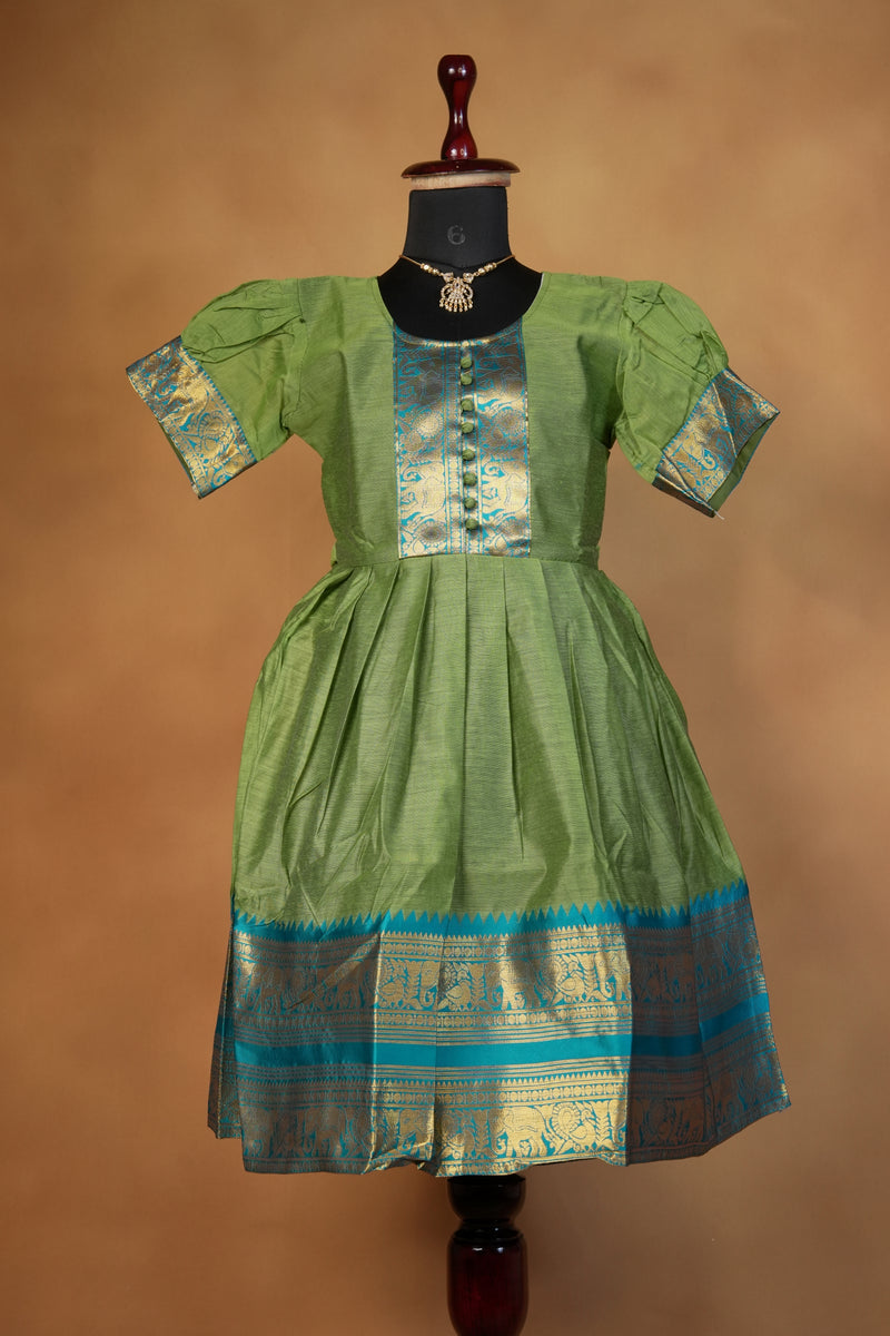 Olive Green Girls Cotton Silk Frock | Teal Gold Zari Border | Festive Party Wear