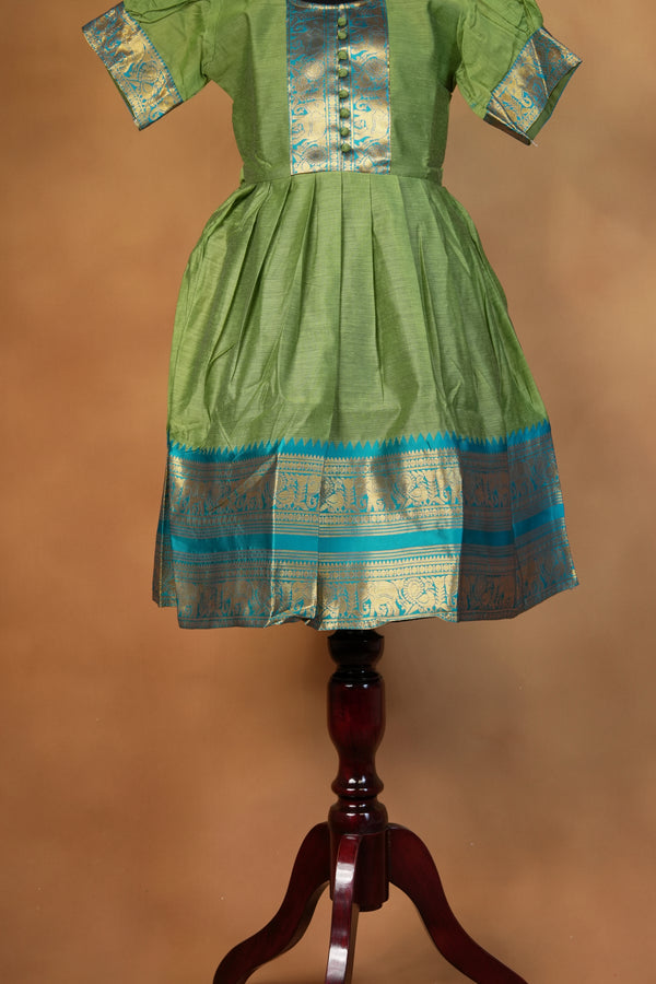 Olive Green Girls Cotton Silk Frock | Teal Gold Zari Border | Festive Party Wear