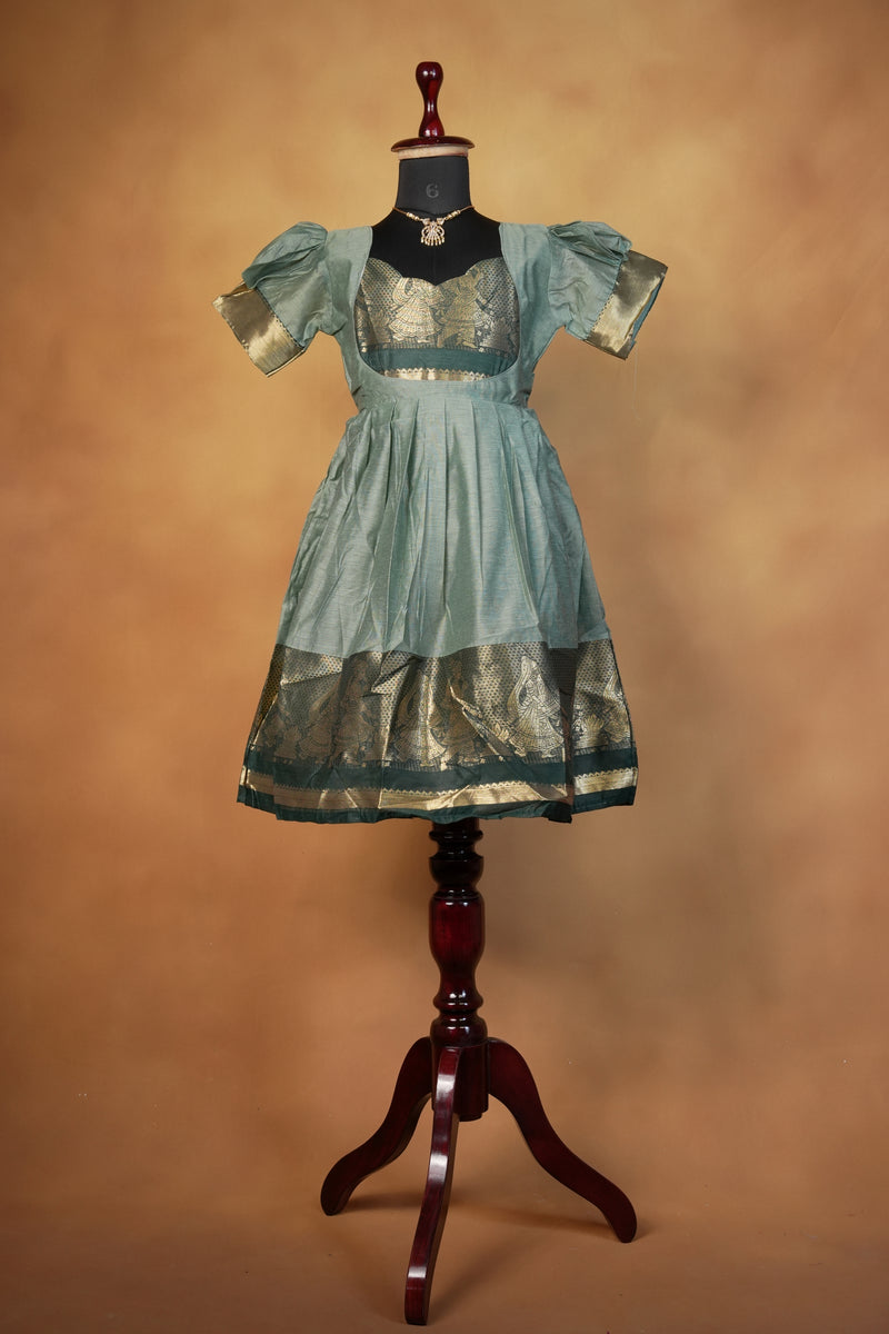 Sage Green Girls Frock | Gold Zari Krishna Motif Design | Traditional Occasion Wear