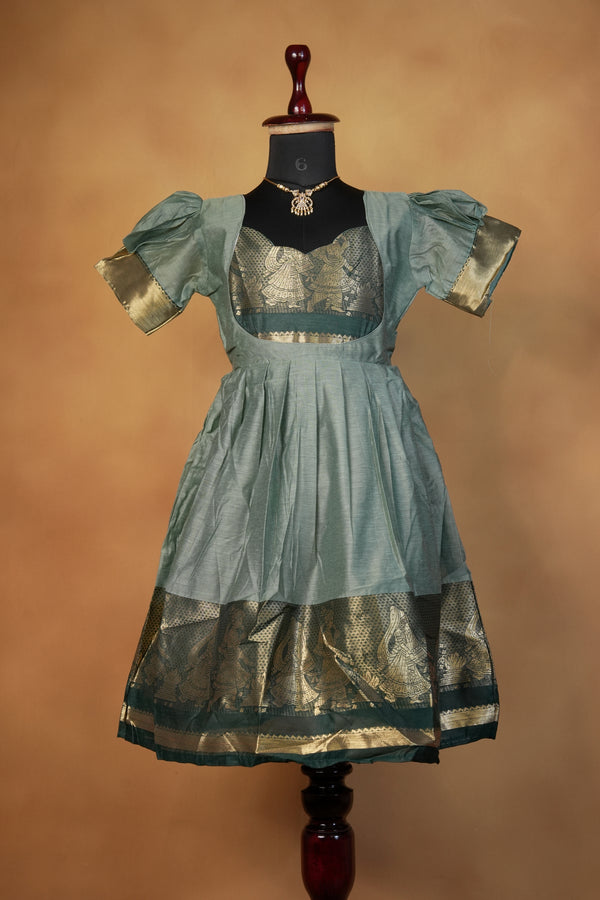 Sage Green Girls Frock | Gold Zari Krishna Motif Design | Traditional Occasion Wear