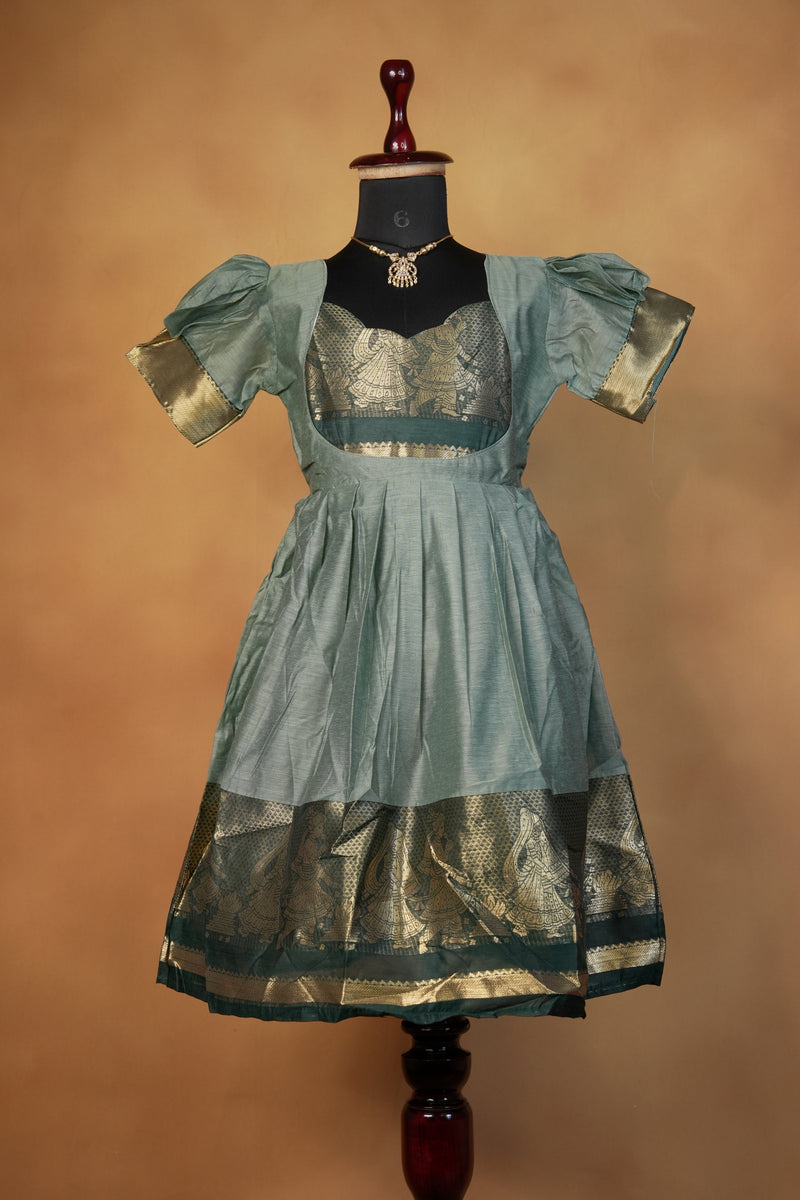 Sage Green Girls Frock | Gold Zari Krishna Motif Design | Traditional Occasion Wear