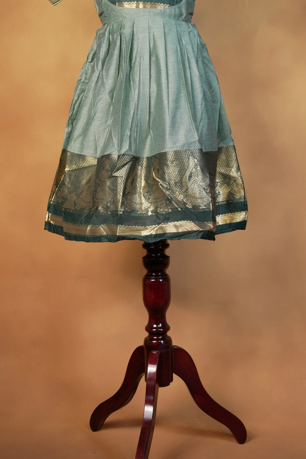 Sage Green Girls Frock | Gold Zari Krishna Motif Design | Traditional Occasion Wear