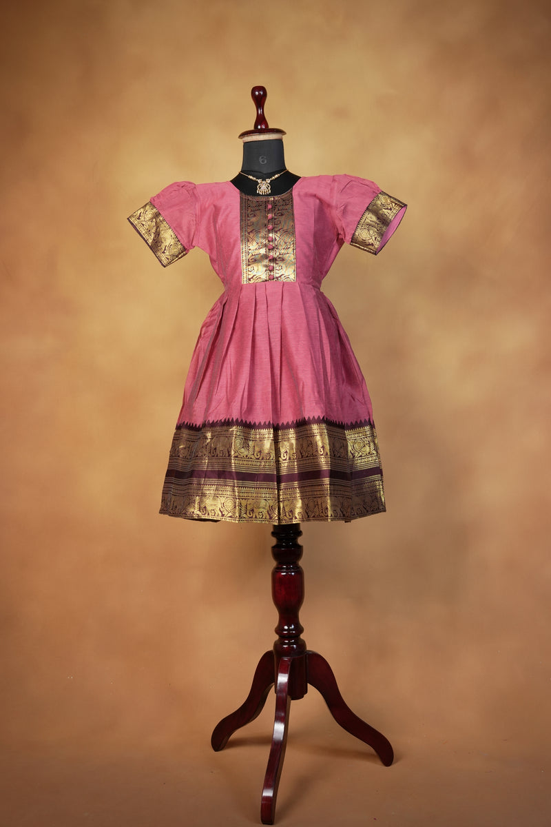 Rose Pink Girls Cotton Silk Frock | Zari Button Yoke Design | Party Wear
