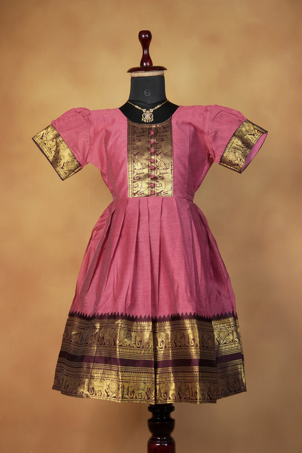 Rose Pink Girls Cotton Silk Frock | Zari Button Yoke Design | Party Wear