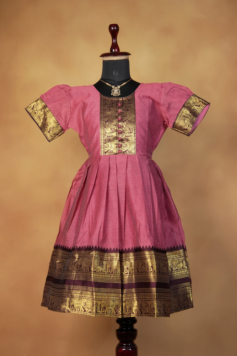 Rose Pink Girls Cotton Silk Frock | Zari Button Yoke Design | Party Wear