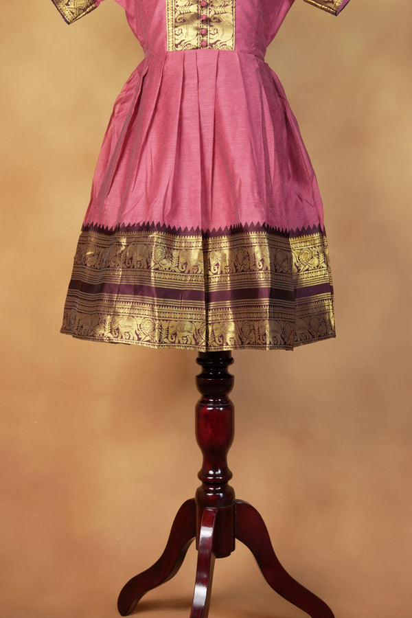 Rose Pink Girls Cotton Silk Frock | Zari Button Yoke Design | Party Wear
