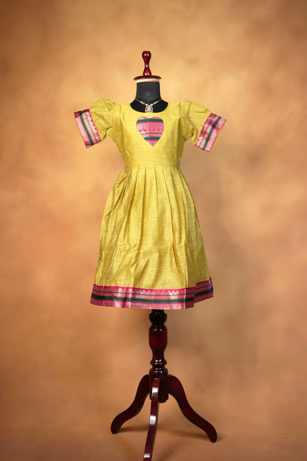 Girls Cotton Silk Frock | Mustard with Pink Green Zari Border | Festive & Function Wear