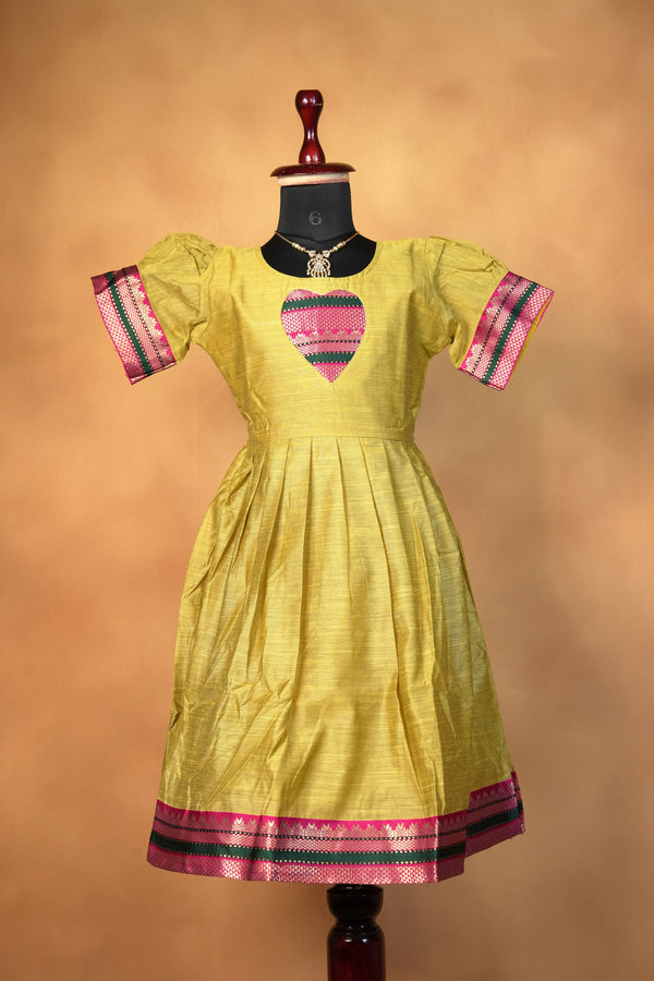 Girls Cotton Silk Frock | Mustard with Pink Green Zari Border | Festive & Function Wear