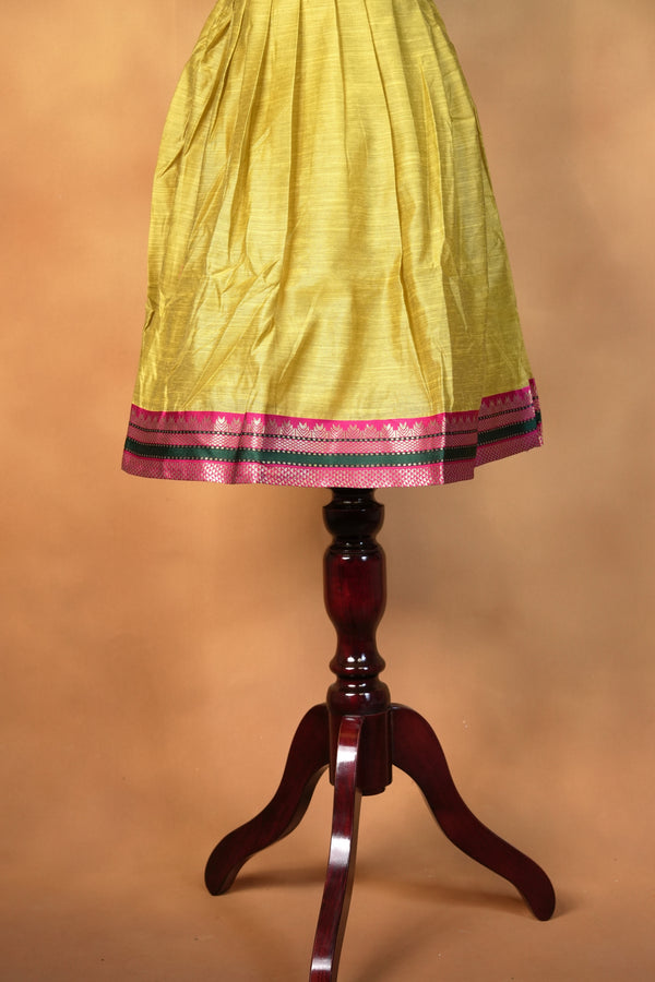 Girls Cotton Silk Frock | Mustard with Pink Green Zari Border | Festive & Function Wear