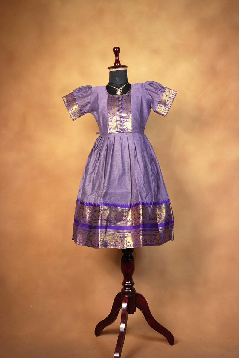 Lavender Purple Girls Cotton Frock | Gold Zari Elephant Border | Traditional Kids Wear