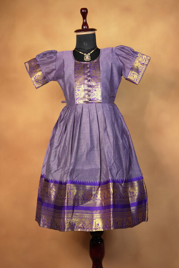 Lavender Purple Girls Cotton Frock | Gold Zari Elephant Border | Traditional Kids Wear