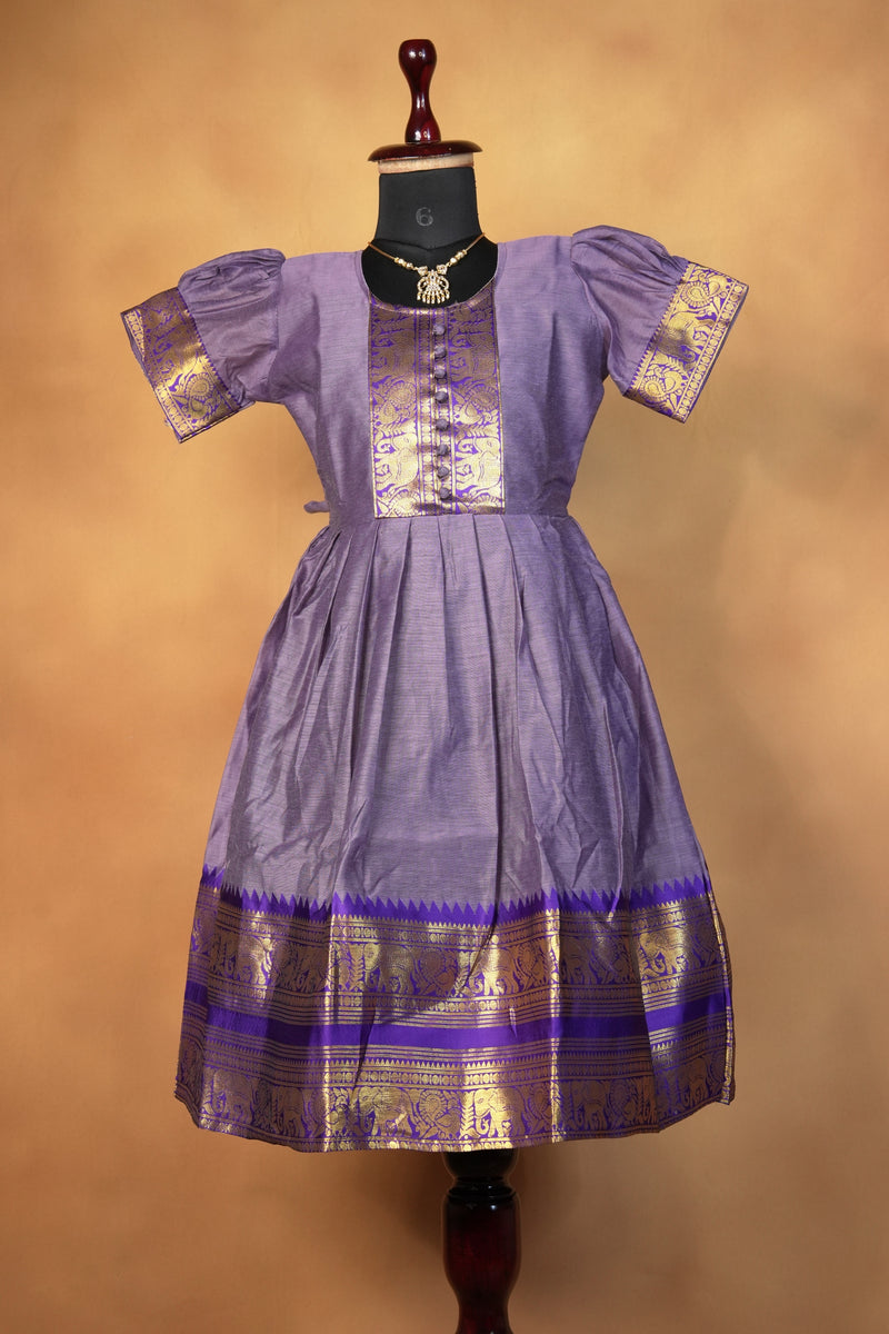 Lavender Purple Girls Cotton Frock | Gold Zari Elephant Border | Traditional Kids Wear