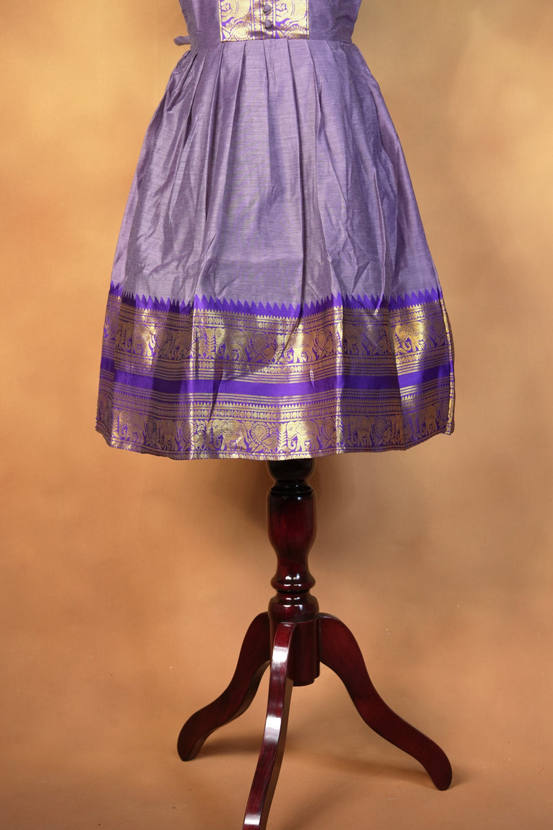 Lavender Purple Girls Cotton Frock | Gold Zari Elephant Border | Traditional Kids Wear