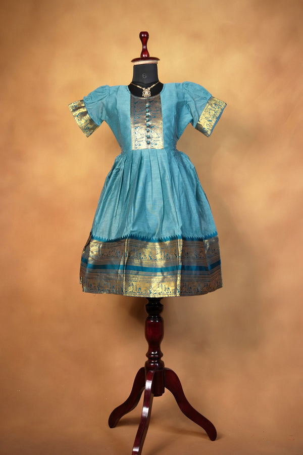 Girls Cotton Silk Frock | Sky Blue with Gold Zari Temple Border | Festive & Function Wear