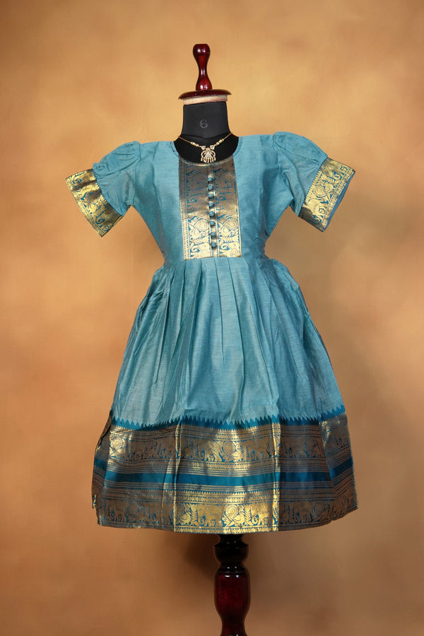 Girls Cotton Silk Frock | Sky Blue with Gold Zari Temple Border | Festive & Function Wear