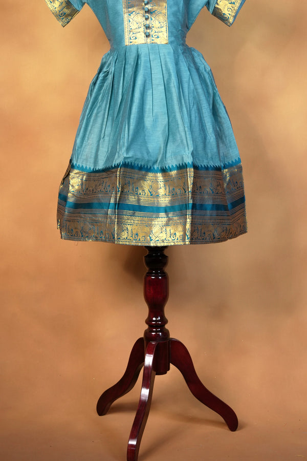 Girls Cotton Silk Frock | Sky Blue with Gold Zari Temple Border | Festive & Function Wear