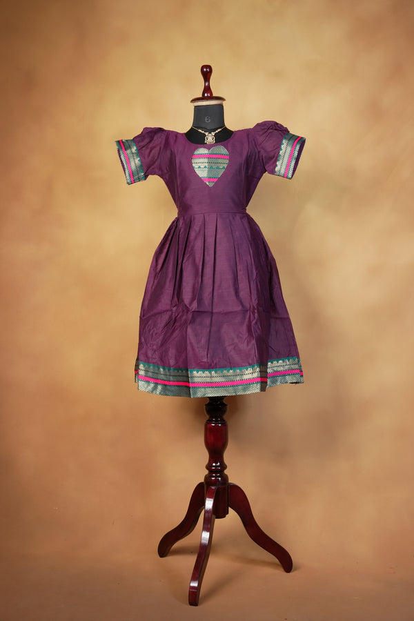 Girls Cotton Frock | Purple with Heart Patch & Pink Green Zari Border | Festive & Function Wear