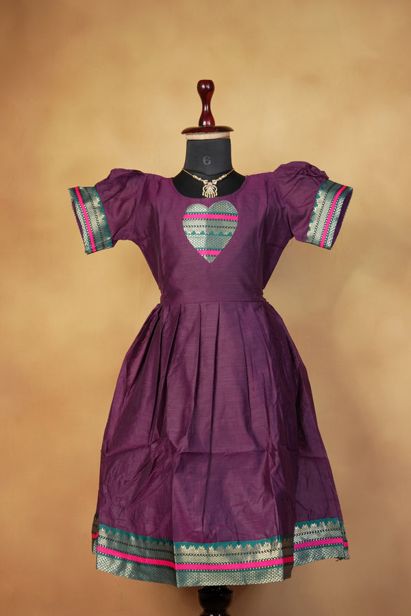 Girls Cotton Frock | Purple with Heart Patch & Pink Green Zari Border | Festive & Function Wear