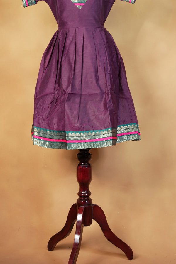 Girls Cotton Frock | Purple with Heart Patch & Pink Green Zari Border | Festive & Function Wear