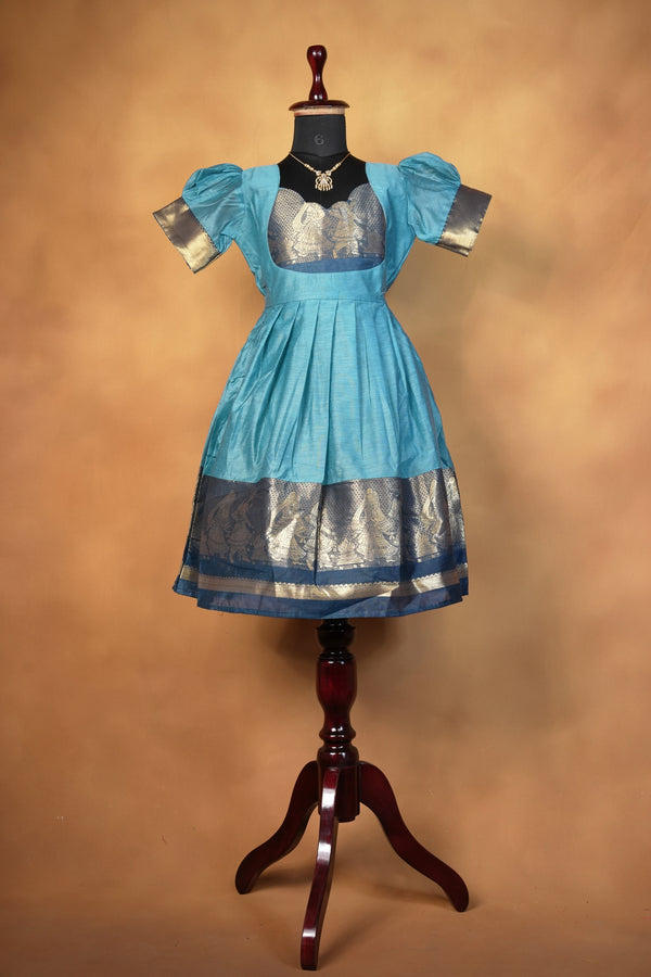 Girls Cotton Silk Frock | Sky Blue with Navy Gold Zari Dancer Border | Festive & Function Wear