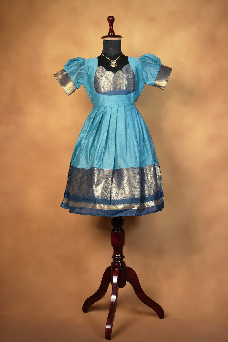 Girls Cotton Silk Frock | Sky Blue with Navy Gold Zari Dancer Border | Festive & Function Wear