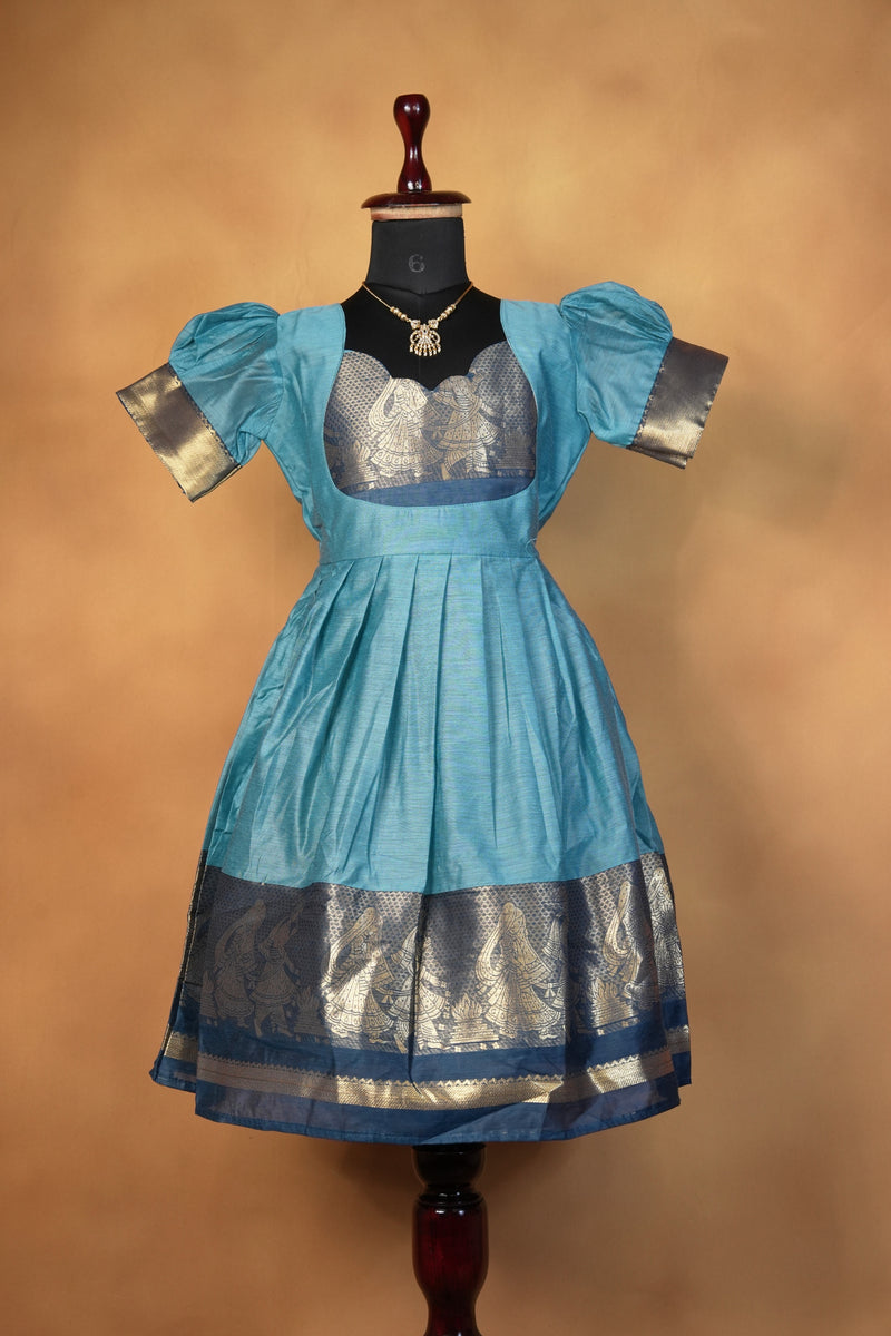 Girls Cotton Silk Frock | Sky Blue with Navy Gold Zari Dancer Border | Festive & Function Wear