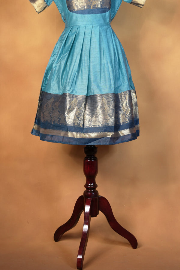 Girls Cotton Silk Frock | Sky Blue with Navy Gold Zari Dancer Border | Festive & Function Wear